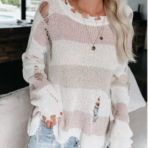 Vici Lightweight Striped Distressed Long Sleeve Sweater-L